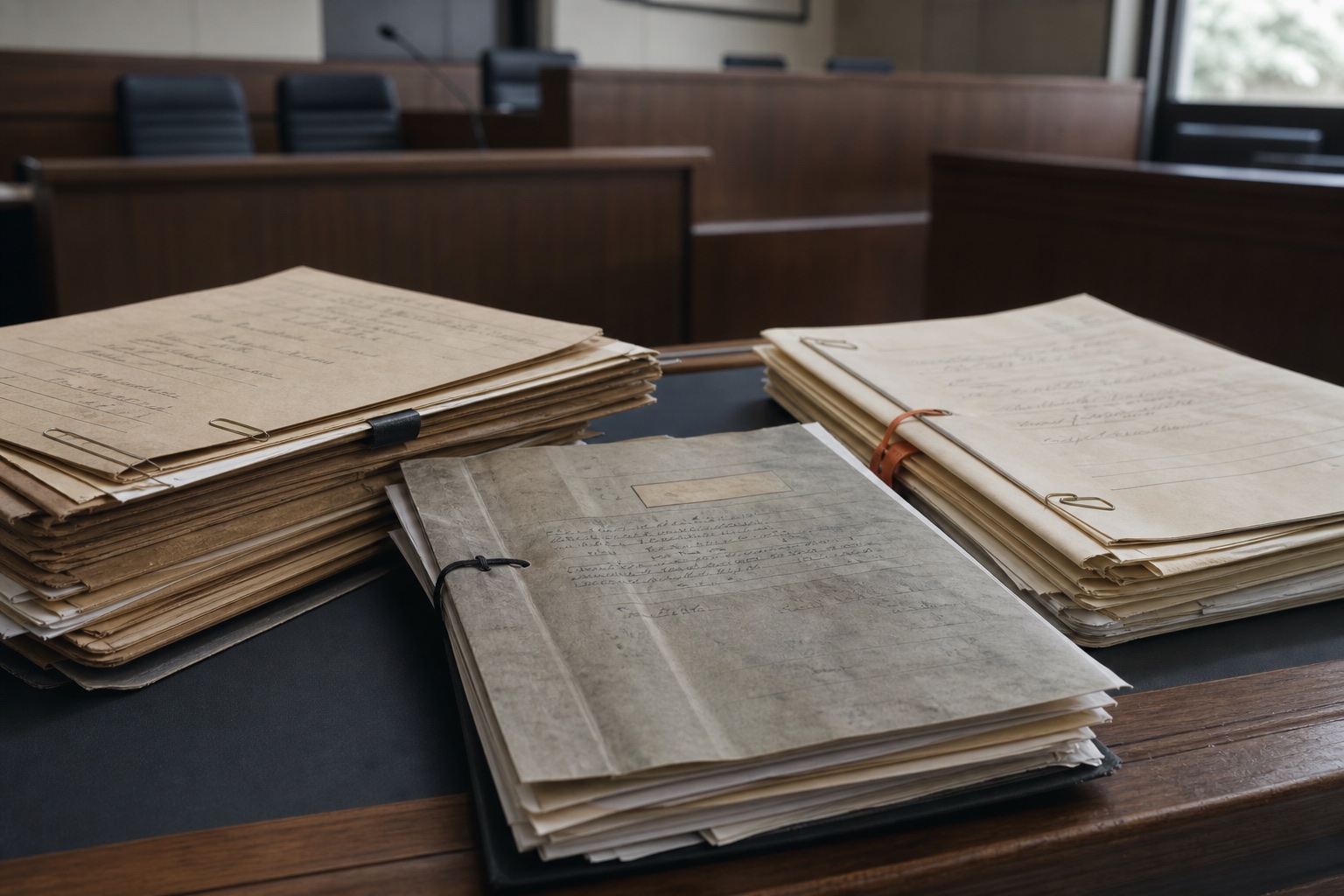 Carpetas y expedientes físicos organizados sobre una mesa de audiencia.