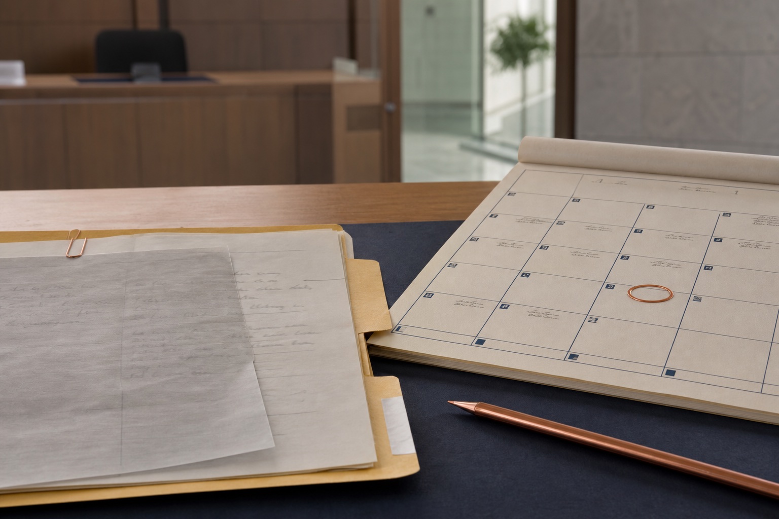 Calendario procesal y expediente físico con un plazo señalado sobre una mesa jurídica.
